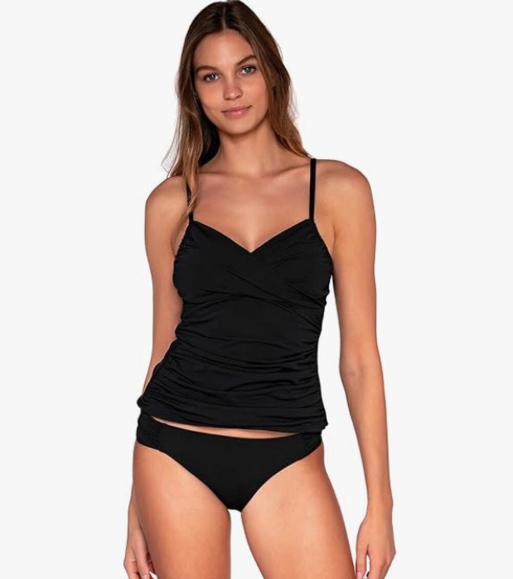 SUNSETS Women's Simone Tankini Top Large Black Swim Cross-Over Front NWT